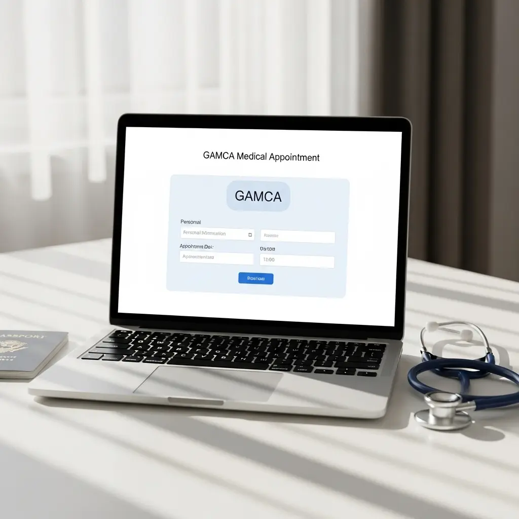 Center-focused featured image showing online GAMCA medical appointment booking with passport and stethoscope on desk.