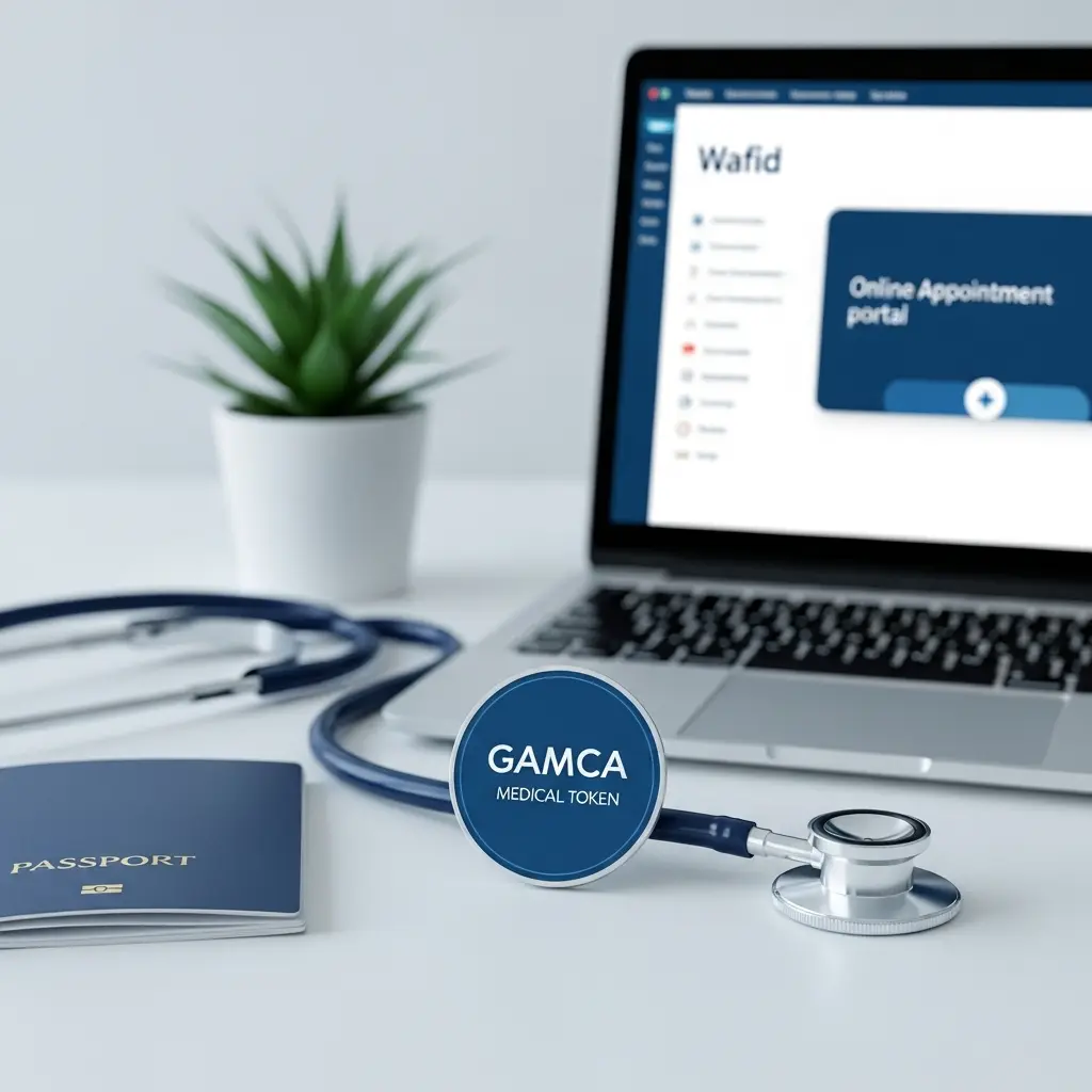 GAMCA medical token with passport and stethoscope.