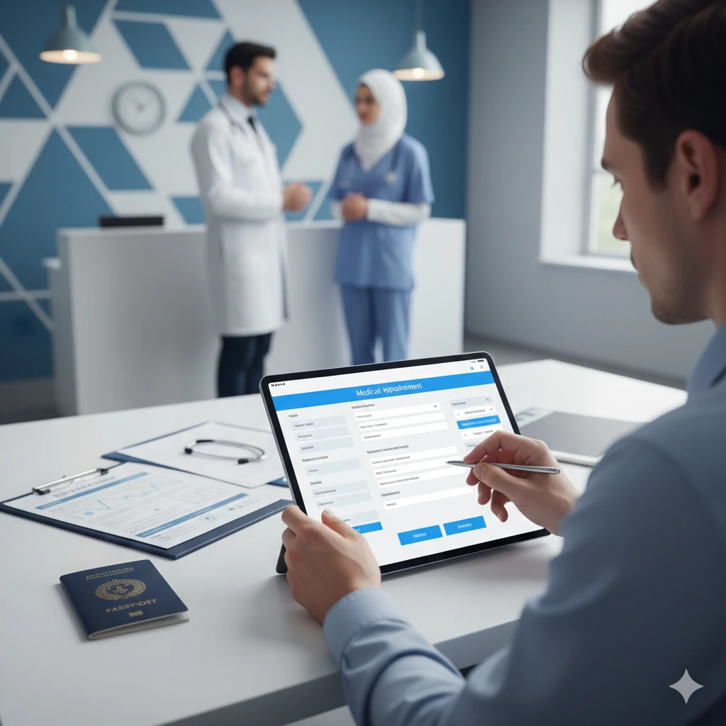 Person filling GAMCA medical appointment form online with passport and documents for Damka Medical token and GCC visa medical test.