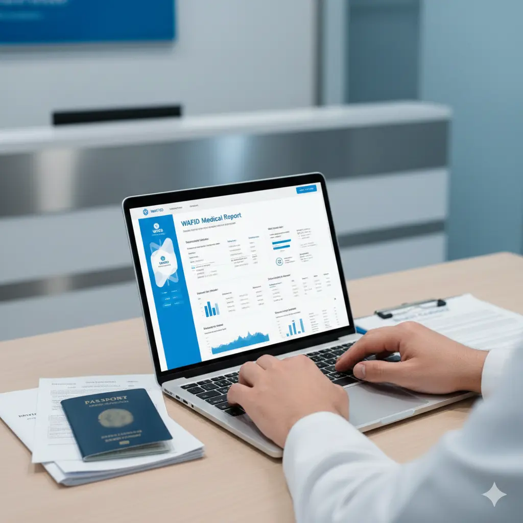 Person checking Wafid Medical Report online for GCC visa medical test using laptop and medical documents.