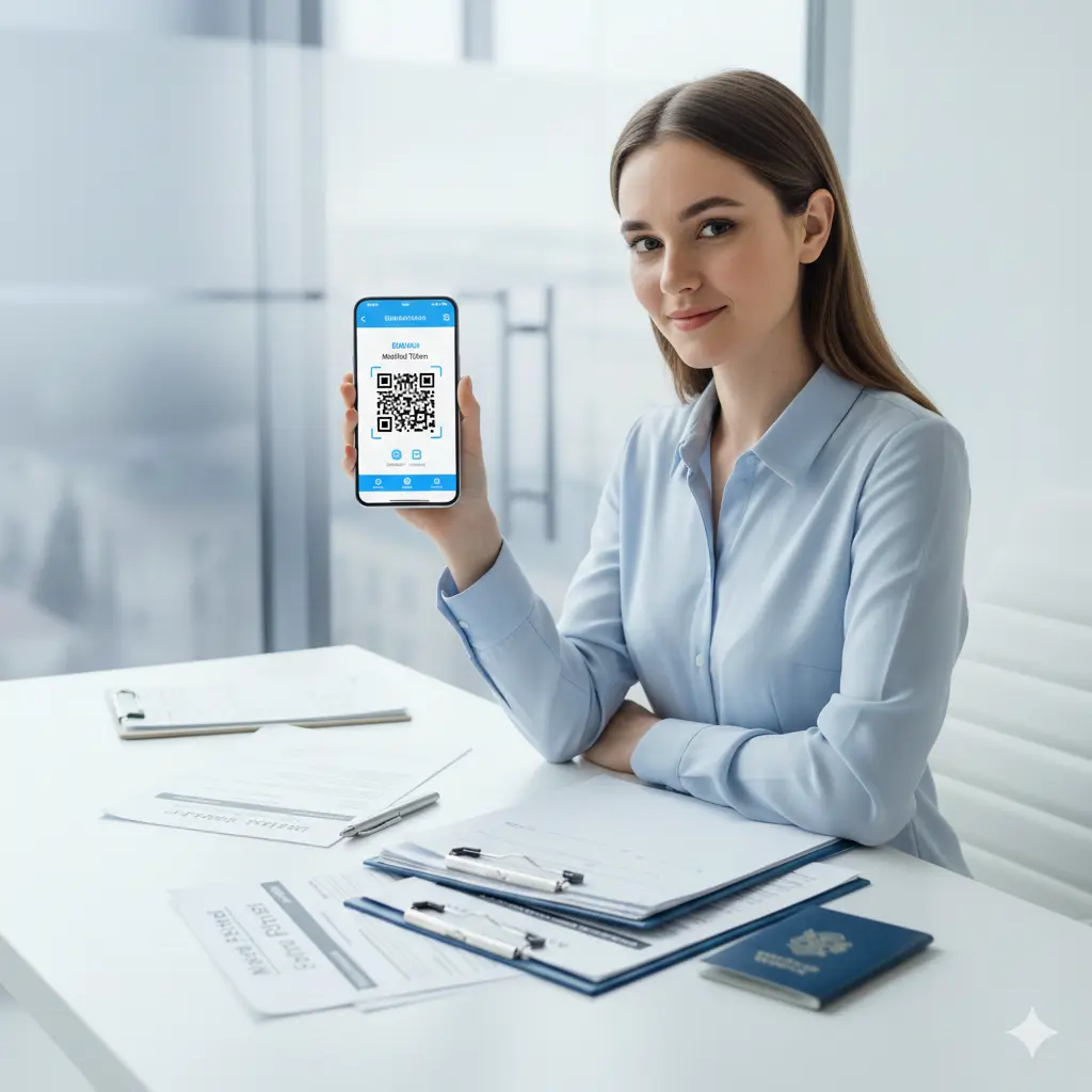 Person holding a GAMCA Medical Token on smartphone with passport and medical documents for GCC visa medical test.