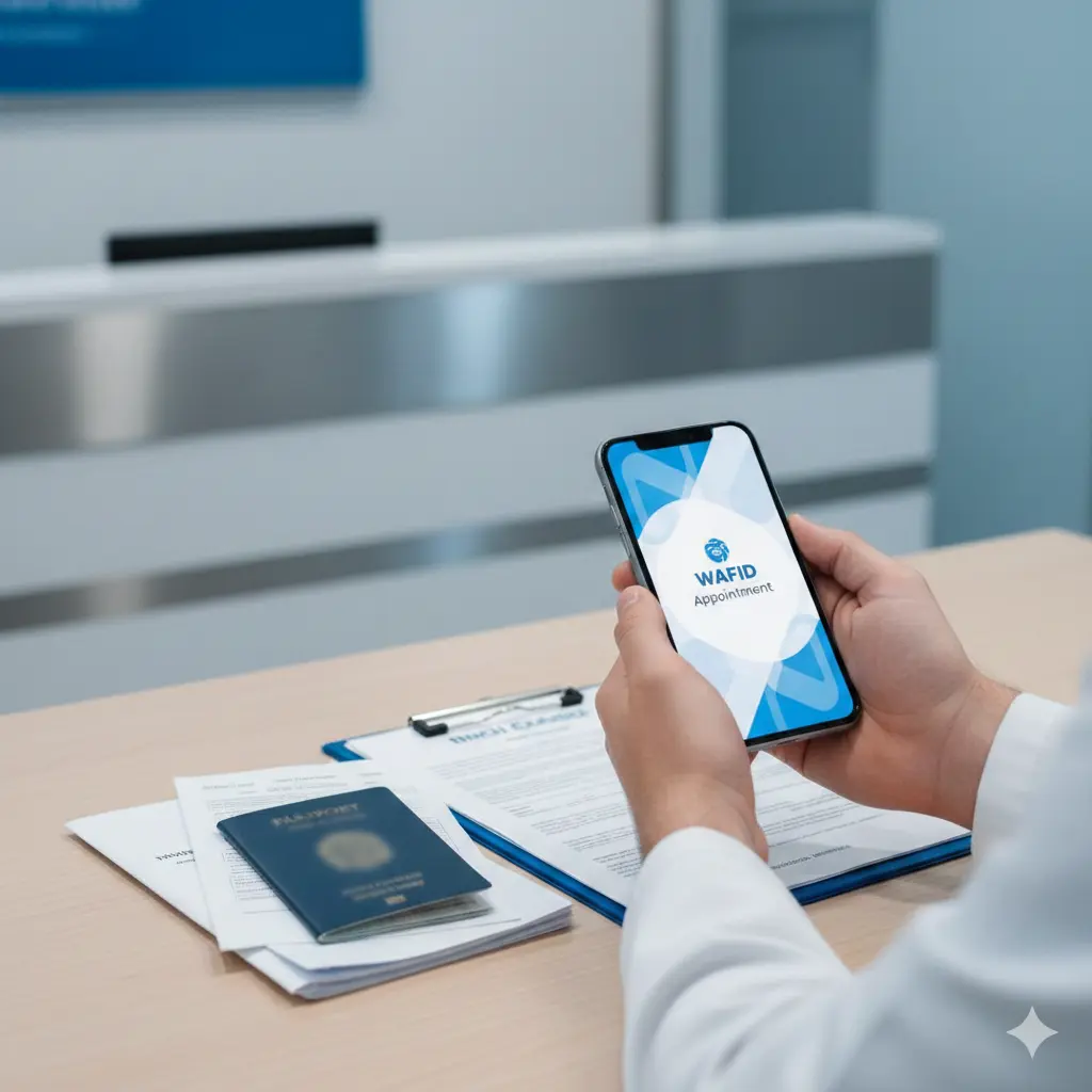 Person holding smartphone showing Wafid appointment confirmation with passport and medical documents for GCC visa medical test.